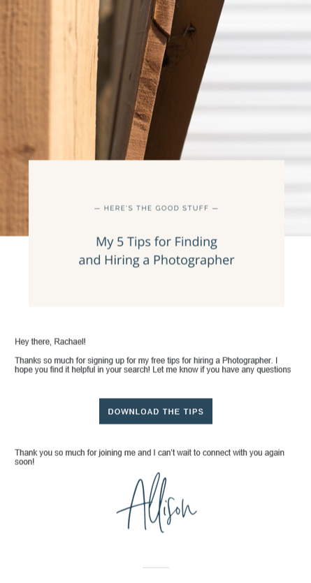 Allison Patel Photography's welcome email