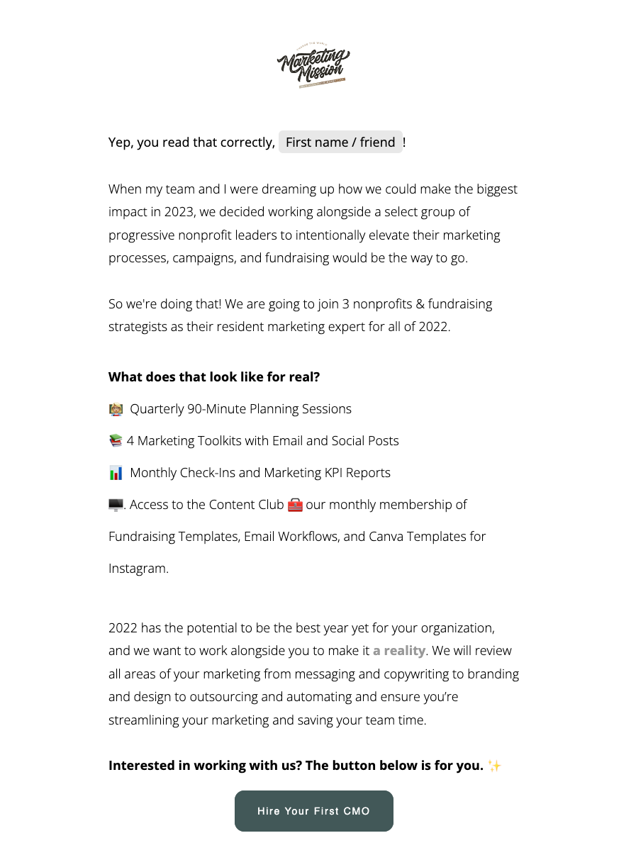 Marketing Mission Email Example