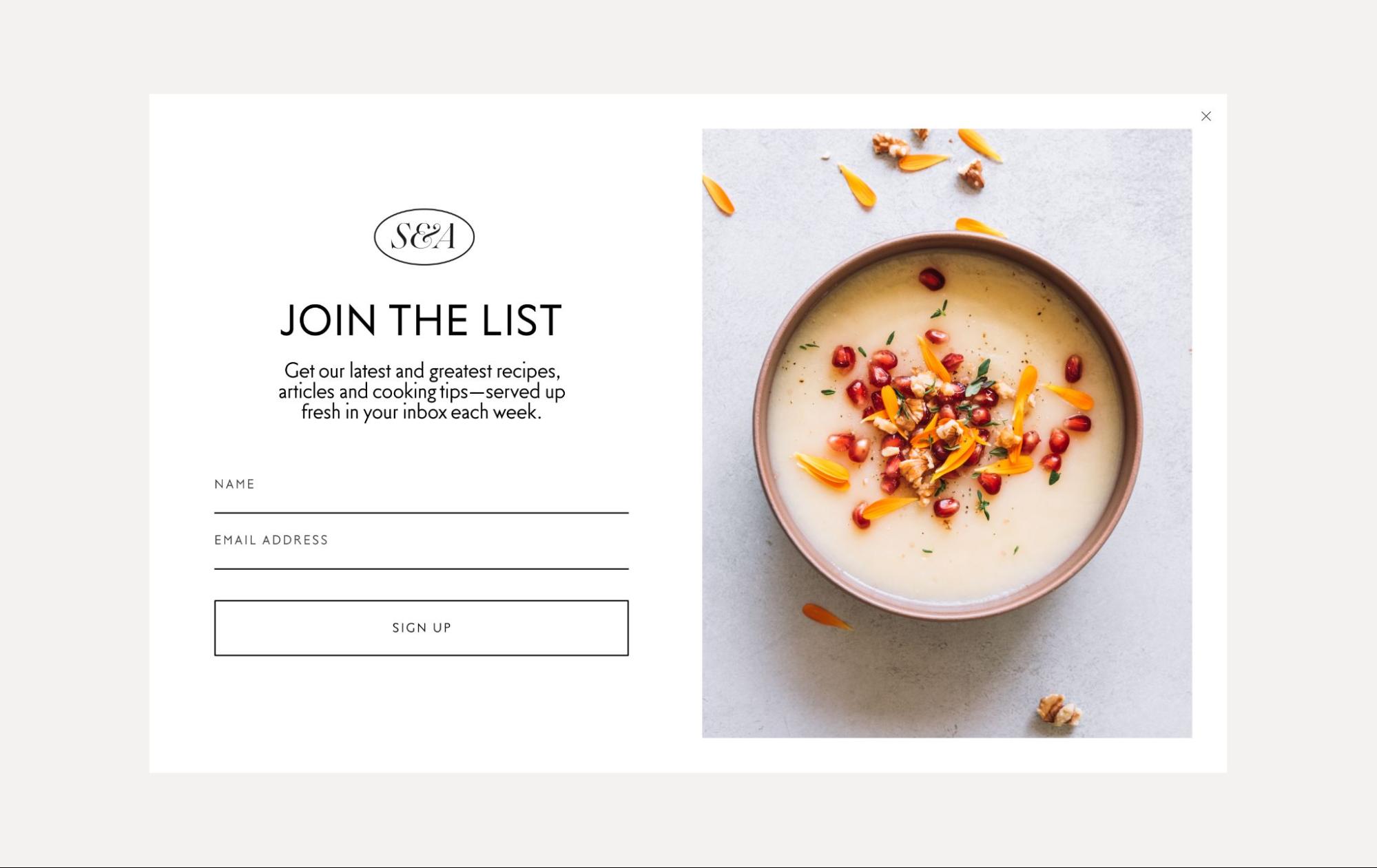 newsletter popup form for S&A