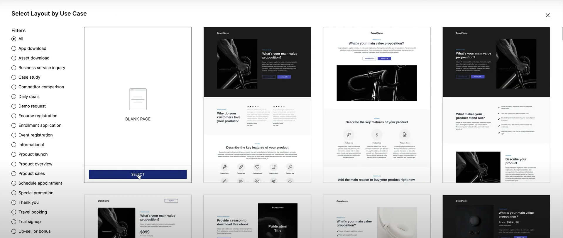 Instapage's layout options