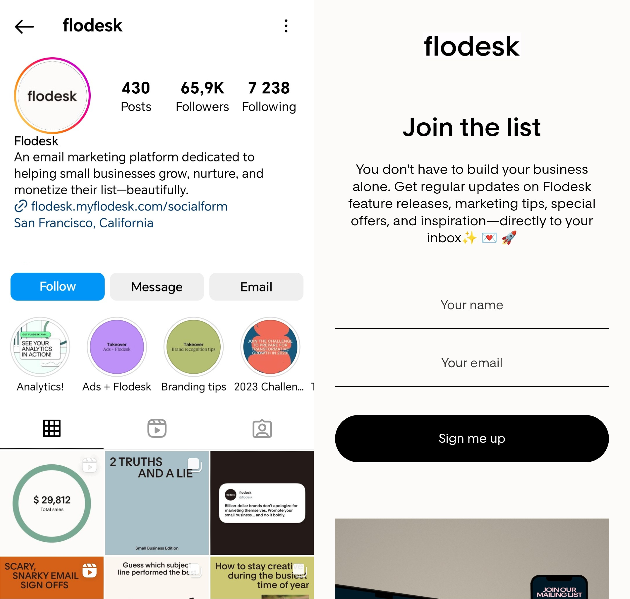 Flodesk instagram page