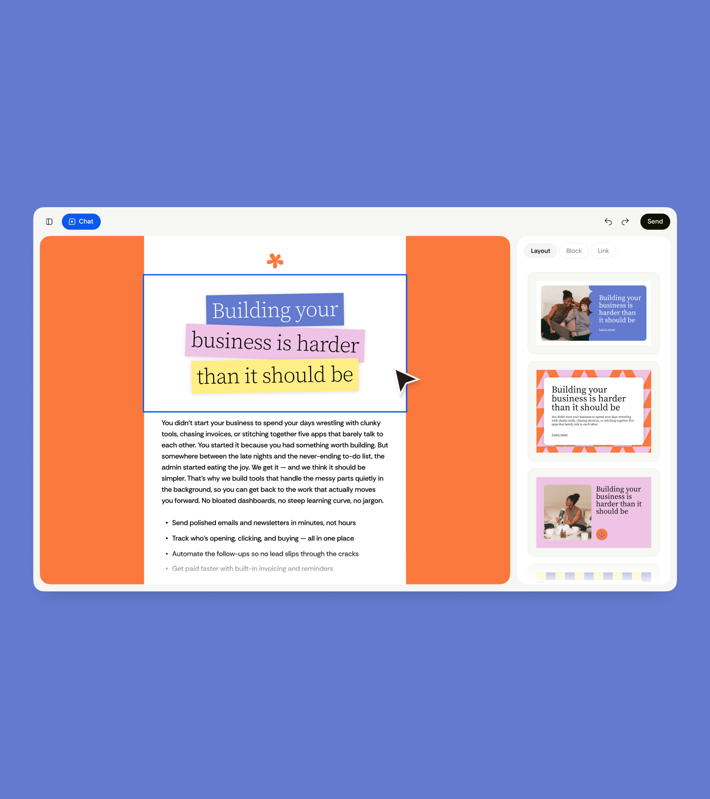Flodesk Studio generating three on-brand email variations from a single text prompt